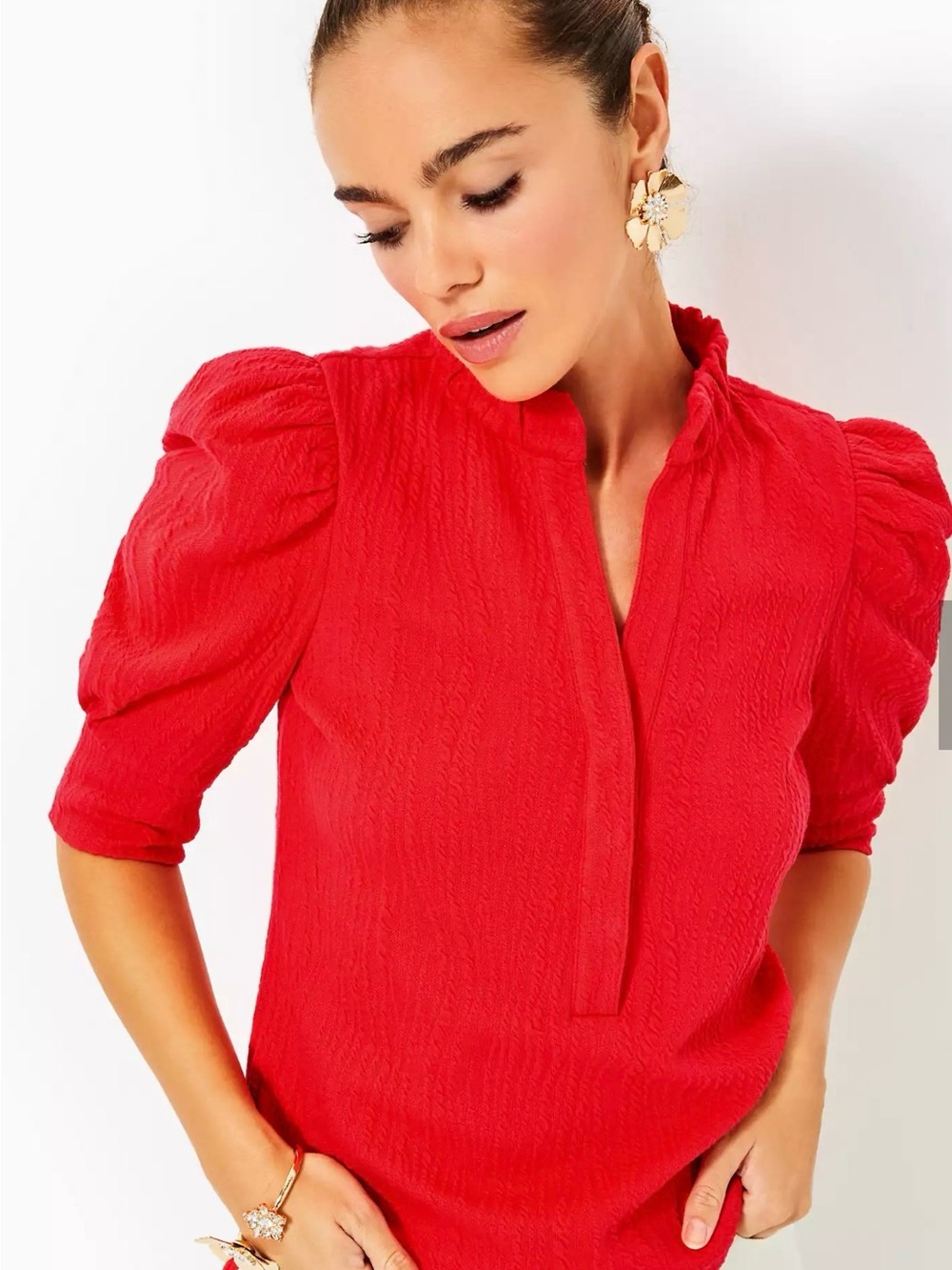 Lilly Pulitzer Elbey Vibrant Red Puff-Sleeve Split-Neck Top